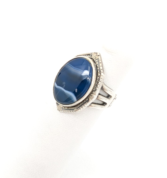 Sterling Silver 925 4.5 Ring Banded Blue Agate framed R679- FOX1615 - Image 4