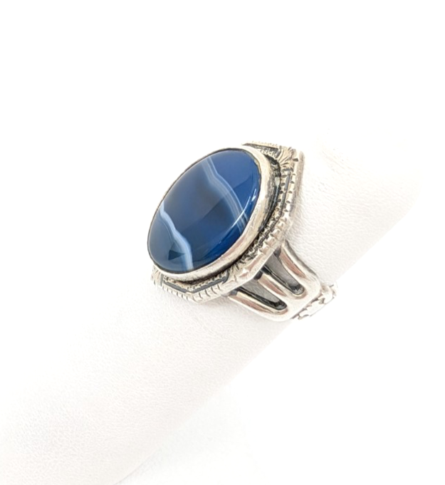 Sterling Silver 925 4.5 Ring Banded Blue Agate framed R679- FOX1615 - Image 5