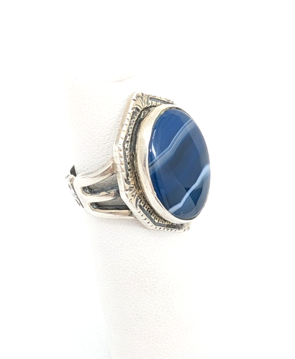 Sterling Silver 925 4.5 Ring Banded Blue Agate framed R679- FOX1615 - Image 6
