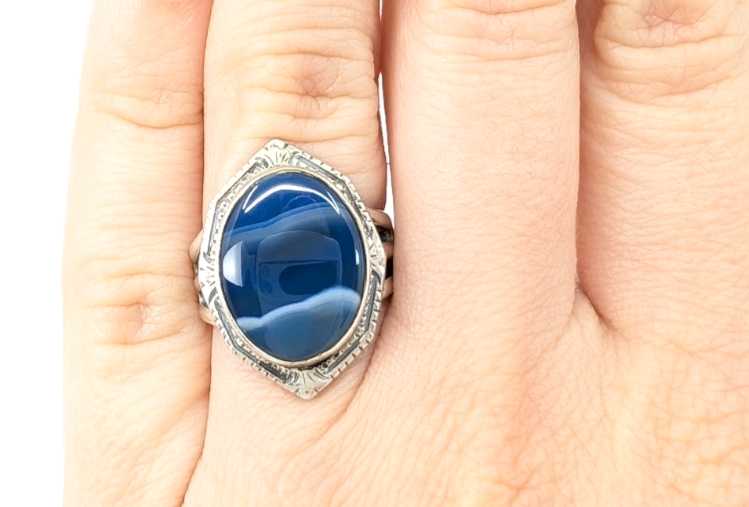 Sterling Silver 925 4.5 Ring Banded Blue Agate framed R679- FOX1615 - Image 8