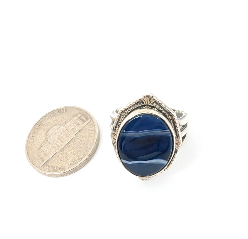 Sterling Silver 925 4.5 Ring Banded Blue Agate framed R679- FOX1615 - Image 9