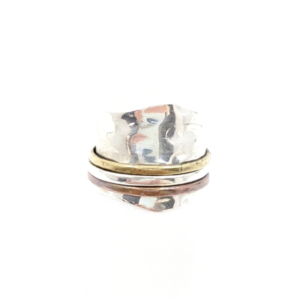 Sterling Silver 925 8 Ring Wide Hammered Tricolor Spinner - FOX1634