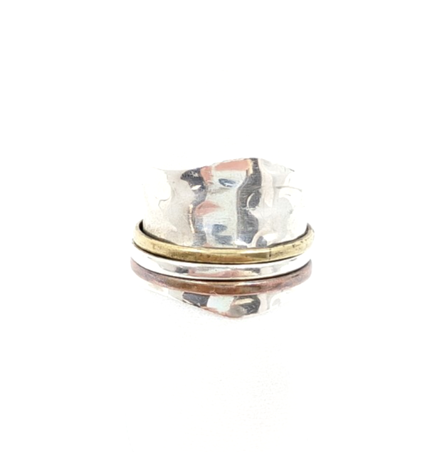 Sterling Silver 925 8 Ring Wide Hammered Tricolor Spinner - FOX1634
