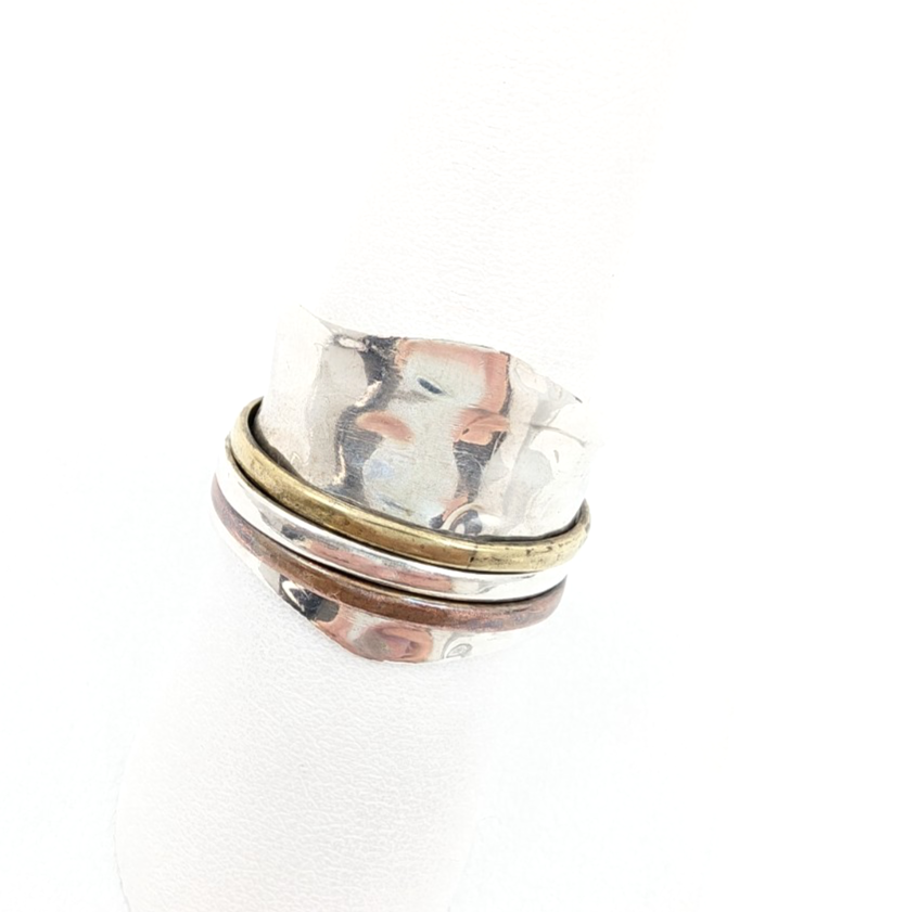 Sterling Silver 925 8 Ring Wide Hammered Tricolor Spinner - FOX1634 - Image 2