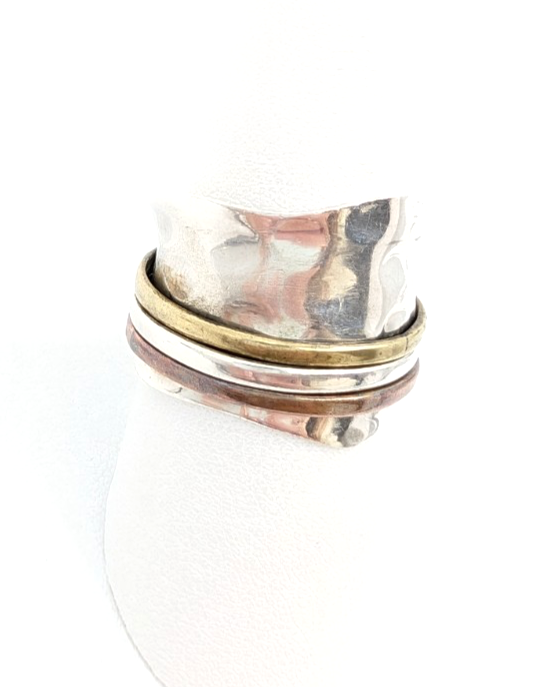 Sterling Silver 925 8 Ring Wide Hammered Tricolor Spinner - FOX1634 - Image 3
