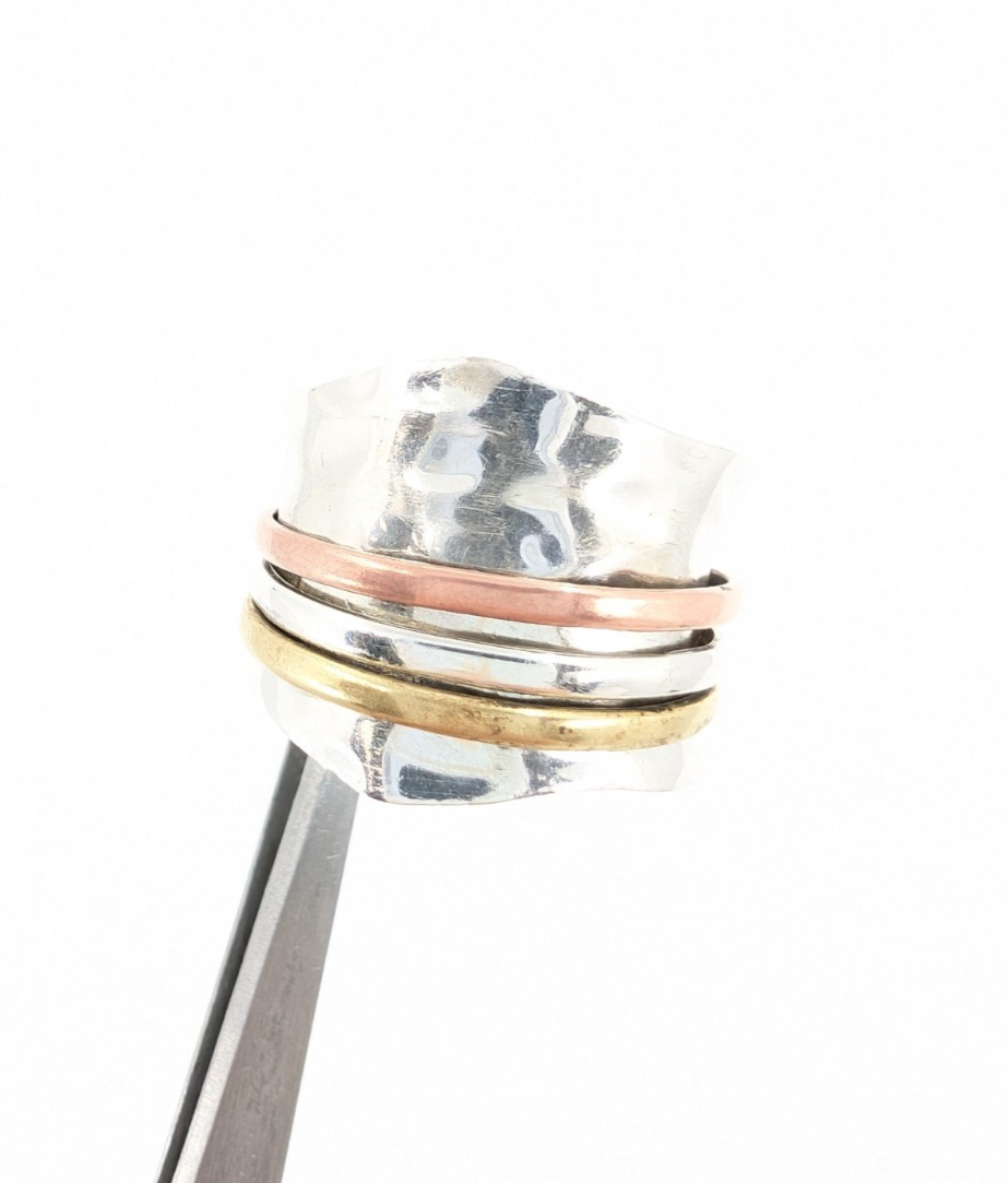 Sterling Silver 925 8 Ring Wide Hammered Tricolor Spinner - FOX1634 - Image 12