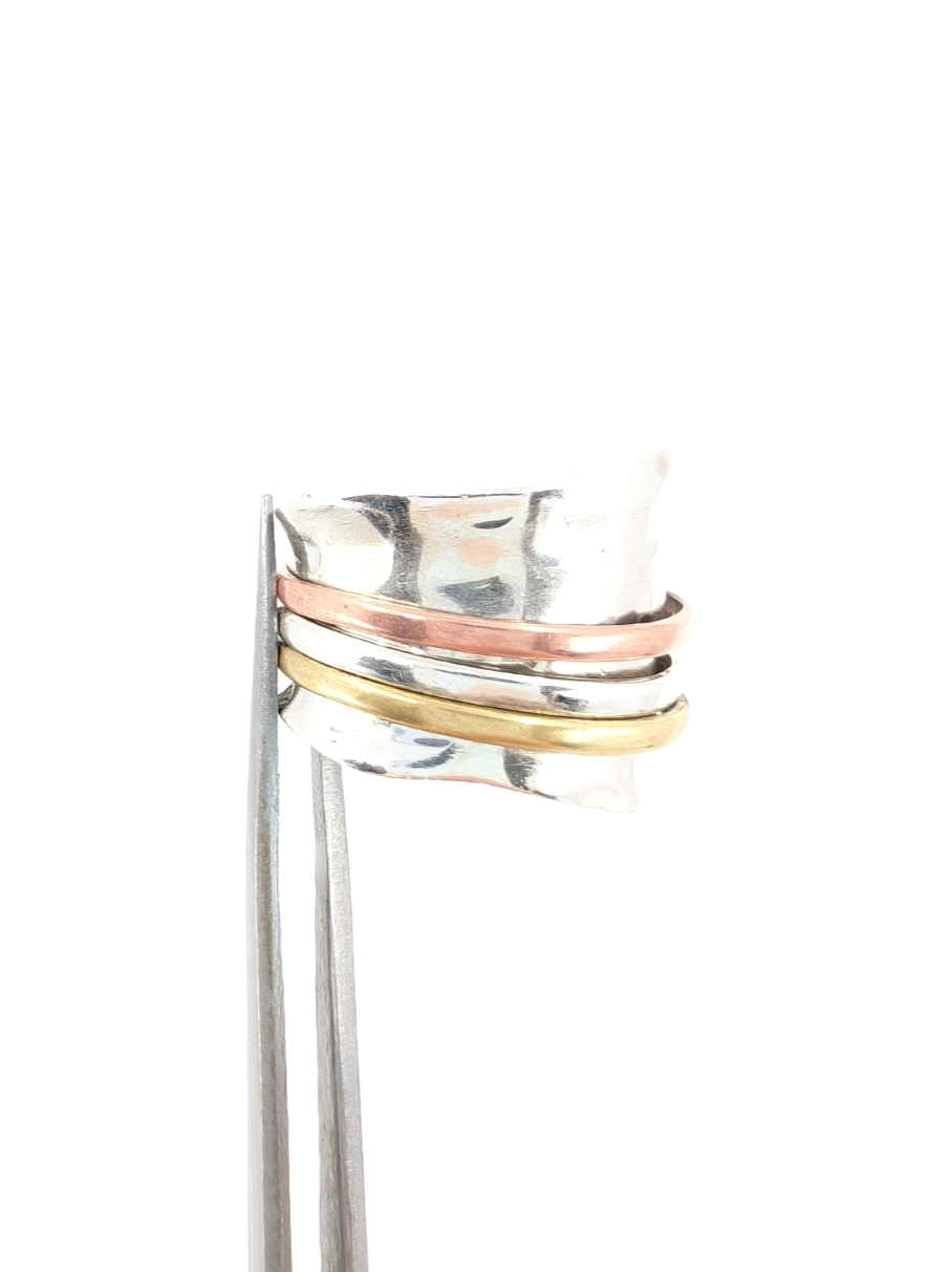 Sterling Silver 925 8 Ring Wide Hammered Tricolor Spinner - FOX1634 - Image 13