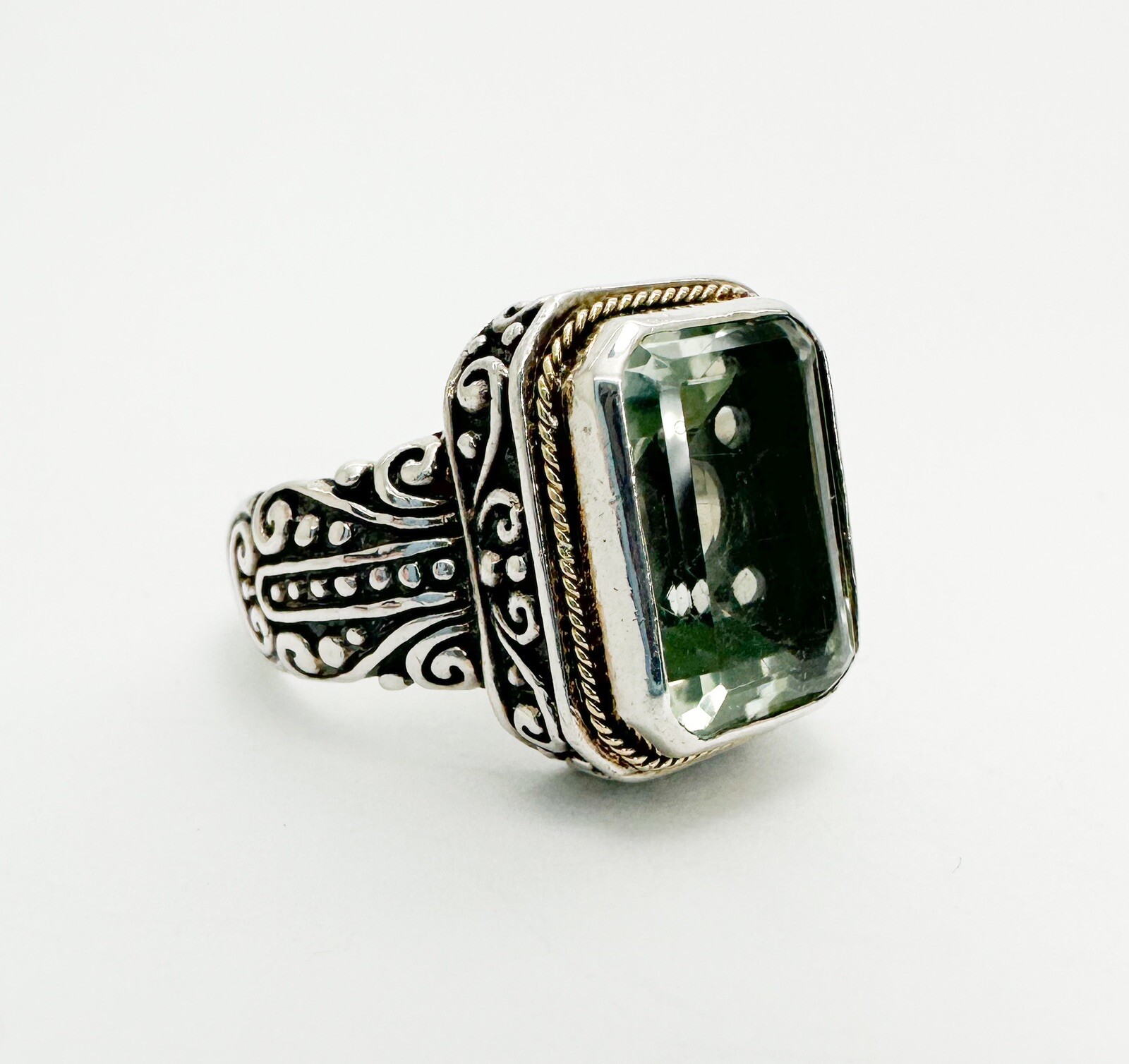 Sterling Silver 925 Green Prasiolite Emerald Cut 18K Halo Bali Style Ring 10400 - Image 3