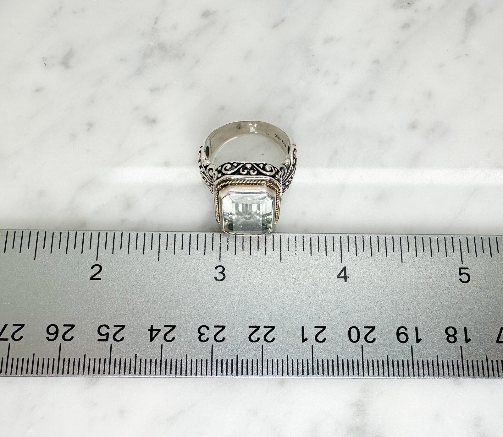Sterling Silver 925 Green Prasiolite Emerald Cut 18K Halo Bali Style Ring 10400 - Image 13