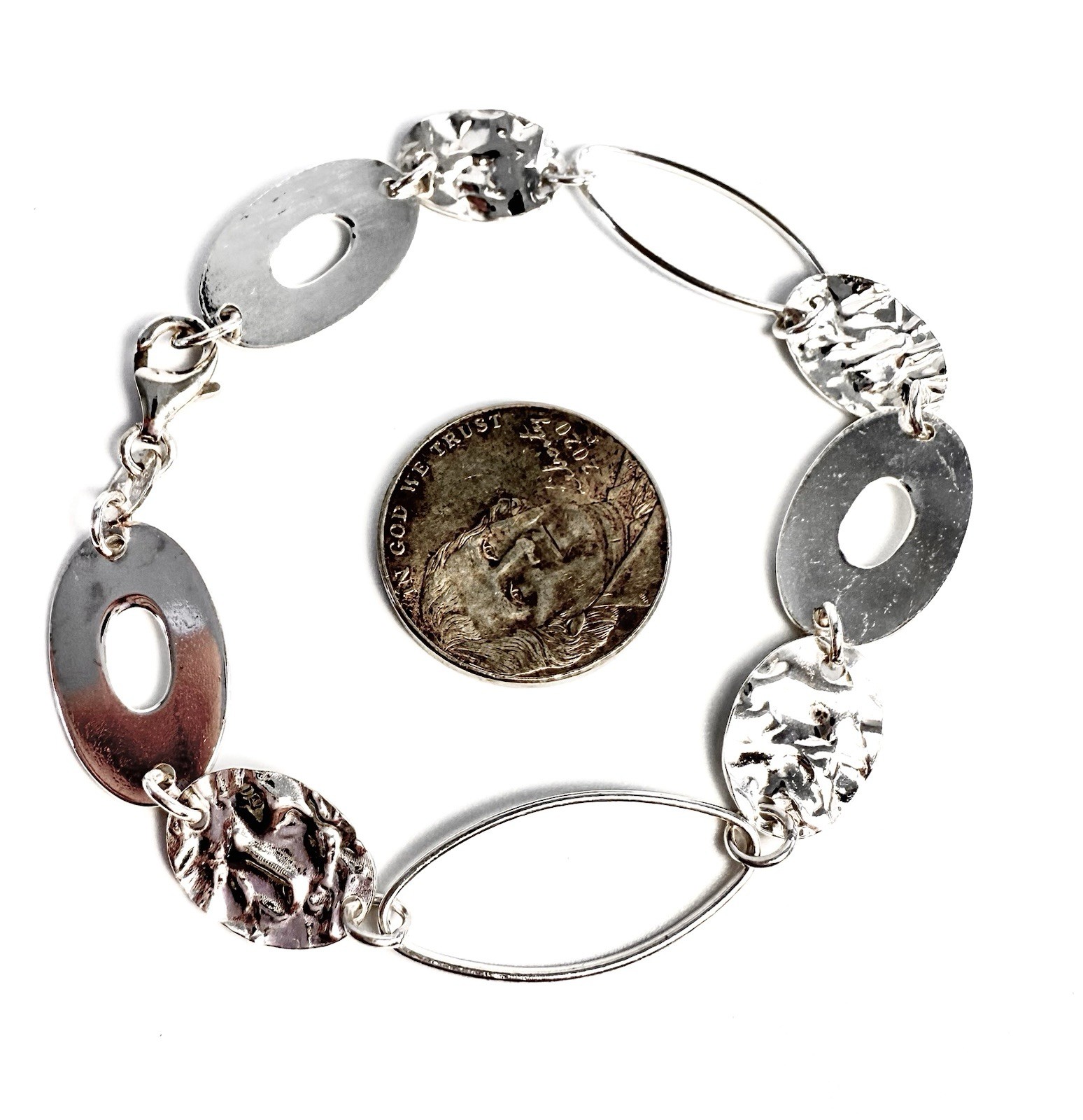 Sterling Silver 925 7.5 Bracelet Hammered, Open Oval link R430- FOX1268 - Image 8