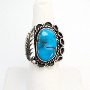 Native American Sterling Silver 925 Rope Framed Turquoise Leaf Ring 10315