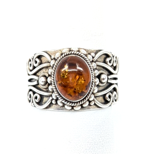 Sterling Silver 925 8.5 Ring Amber Cabochon R881- FOX1824
