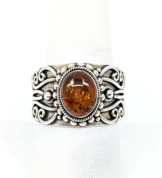 Sterling Silver 925 8.5 Ring Amber Cabochon R881- FOX1824 - Image 2
