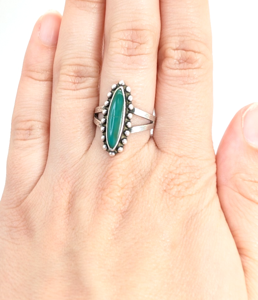 Sterling Silver 925 Ring Beaded Framed Gr Turq 11834 - Image 8