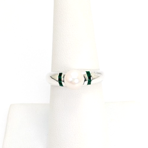 Sterling Silver 925 Ring Pearl/Slim Emerald Band 11836