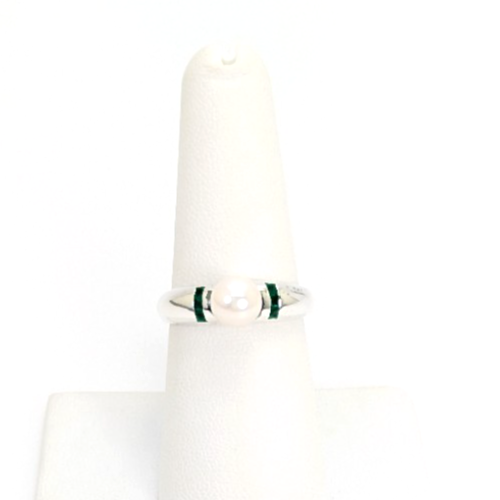 Sterling Silver 925 Ring Pearl/Slim Emerald Band 11836 - Image 2