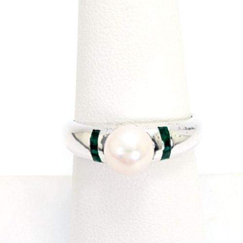 Sterling Silver 925 Ring Pearl/Slim Emerald Band 11836 - Image 3
