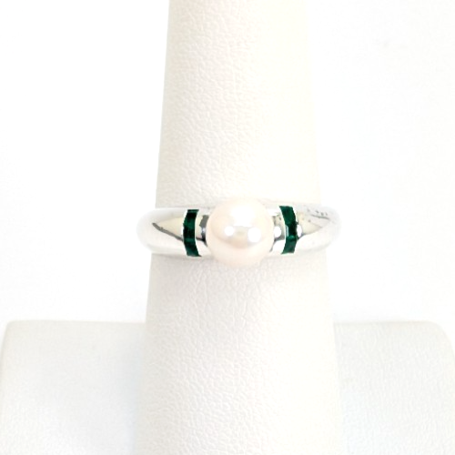 Sterling Silver 925 Ring Pearl/Slim Emerald Band 11836 - Image 4