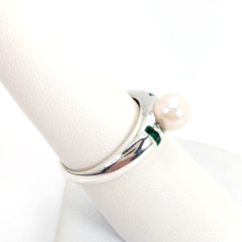 Sterling Silver 925 Ring Pearl/Slim Emerald Band 11836 - Image 5