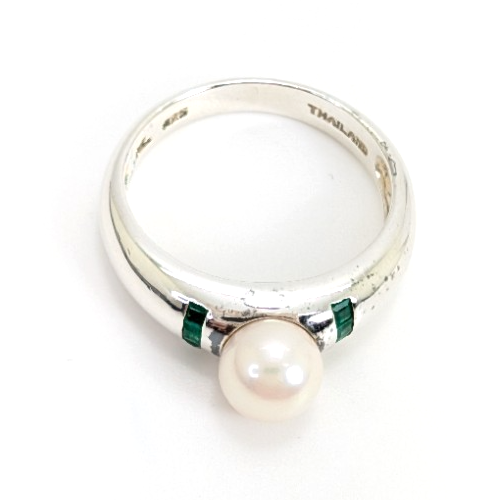Sterling Silver 925 Ring Pearl/Slim Emerald Band 11836 - Image 6