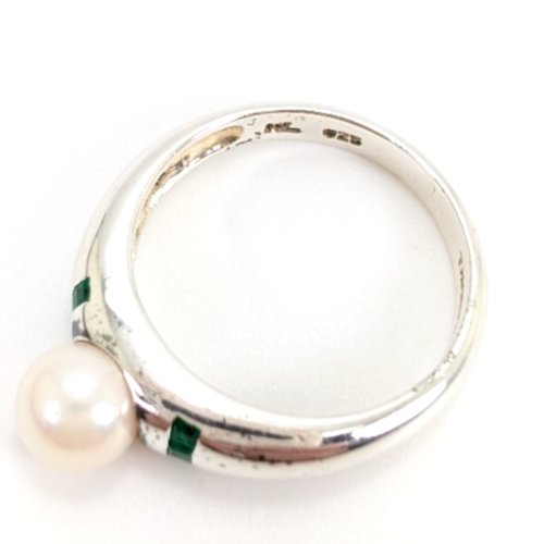 Sterling Silver 925 Ring Pearl/Slim Emerald Band 11836 - Image 8