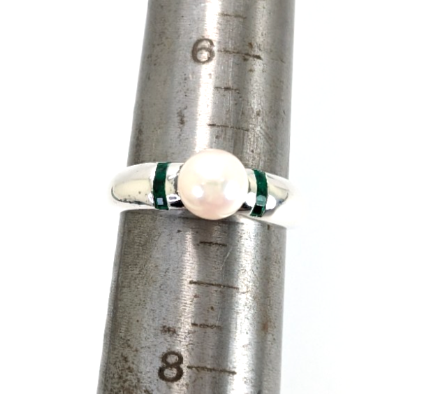 Sterling Silver 925 Ring Pearl/Slim Emerald Band 11836 - Image 10