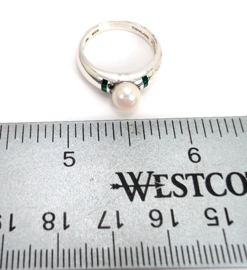 Sterling Silver 925 Ring Pearl/Slim Emerald Band 11836 - Image 11