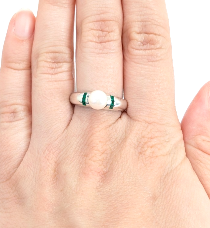 Sterling Silver 925 Ring Pearl/Slim Emerald Band 11836 - Image 14