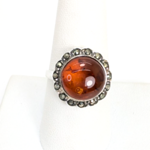 Sterling Silver 925 8.75 Ring Marcasite Framed Amber R359- FOX1080
