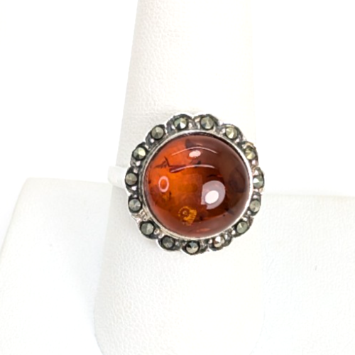 Sterling Silver 925 8.75 Ring Marcasite Framed Amber R359- FOX1080