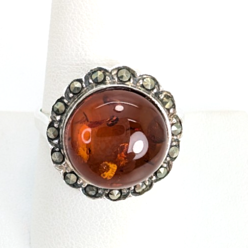 Sterling Silver 925 8.75 Ring Marcasite Framed Amber R359- FOX1080 - Image 2