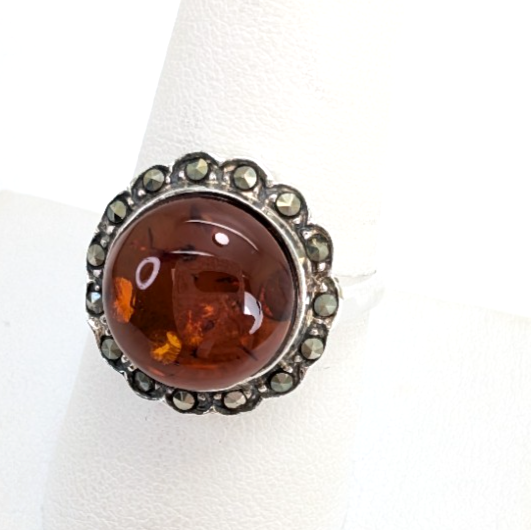 Sterling Silver 925 8.75 Ring Marcasite Framed Amber R359- FOX1080 - Image 3