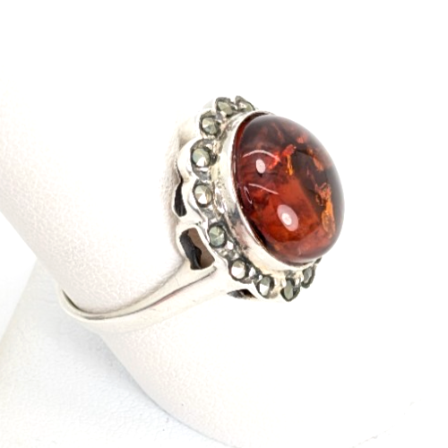 Sterling Silver 925 8.75 Ring Marcasite Framed Amber R359- FOX1080 - Image 4