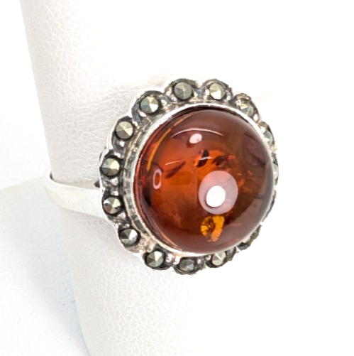 Sterling Silver 925 8.75 Ring Marcasite Framed Amber R359- FOX1080 - Image 5