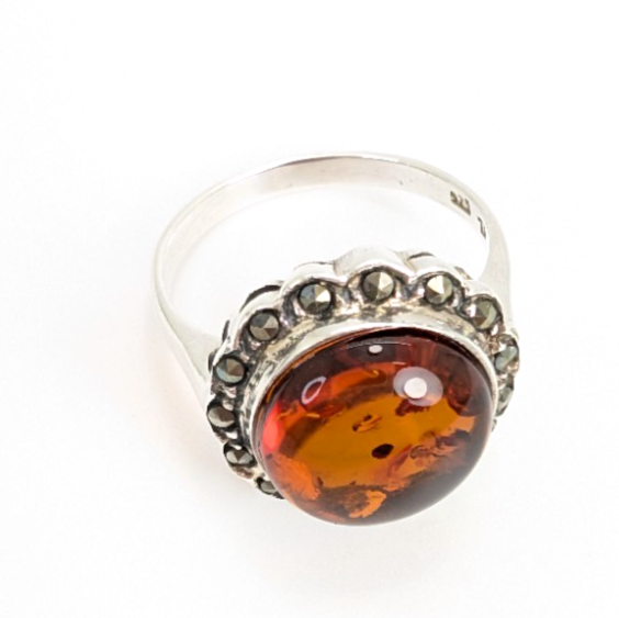 Sterling Silver 925 8.75 Ring Marcasite Framed Amber R359- FOX1080 - Image 6