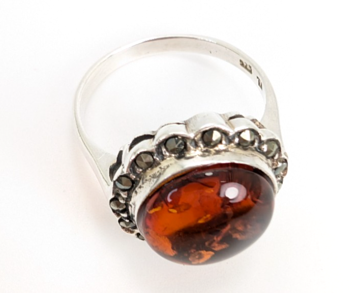 Sterling Silver 925 8.75 Ring Marcasite Framed Amber R359- FOX1080 - Image 7