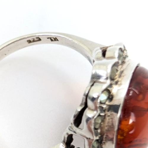Sterling Silver 925 8.75 Ring Marcasite Framed Amber R359- FOX1080 - Image 8