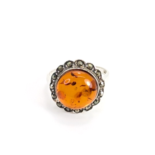 Sterling Silver 925 8.75 Ring Marcasite Framed Amber R359- FOX1080 - Image 10