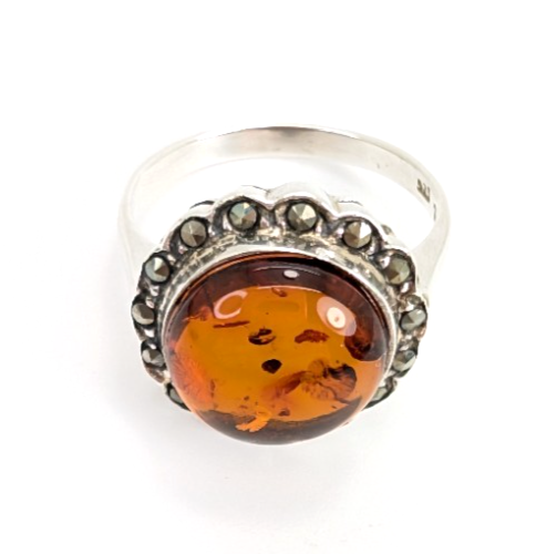 Sterling Silver 925 8.75 Ring Marcasite Framed Amber R359- FOX1080 - Image 11