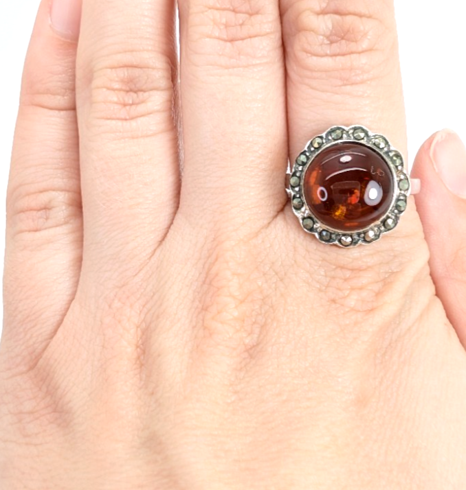 Sterling Silver 925 8.75 Ring Marcasite Framed Amber R359- FOX1080 - Image 12