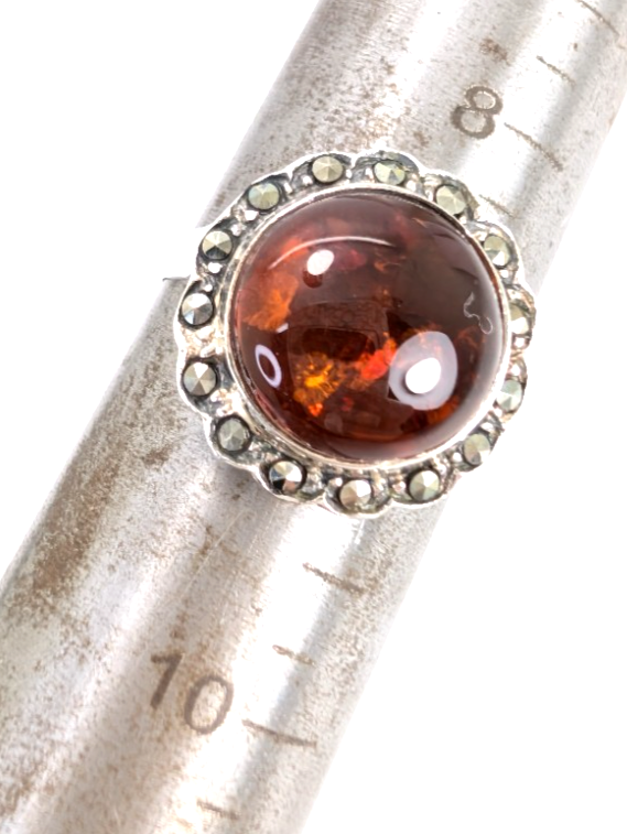 Sterling Silver 925 8.75 Ring Marcasite Framed Amber R359- FOX1080 - Image 13