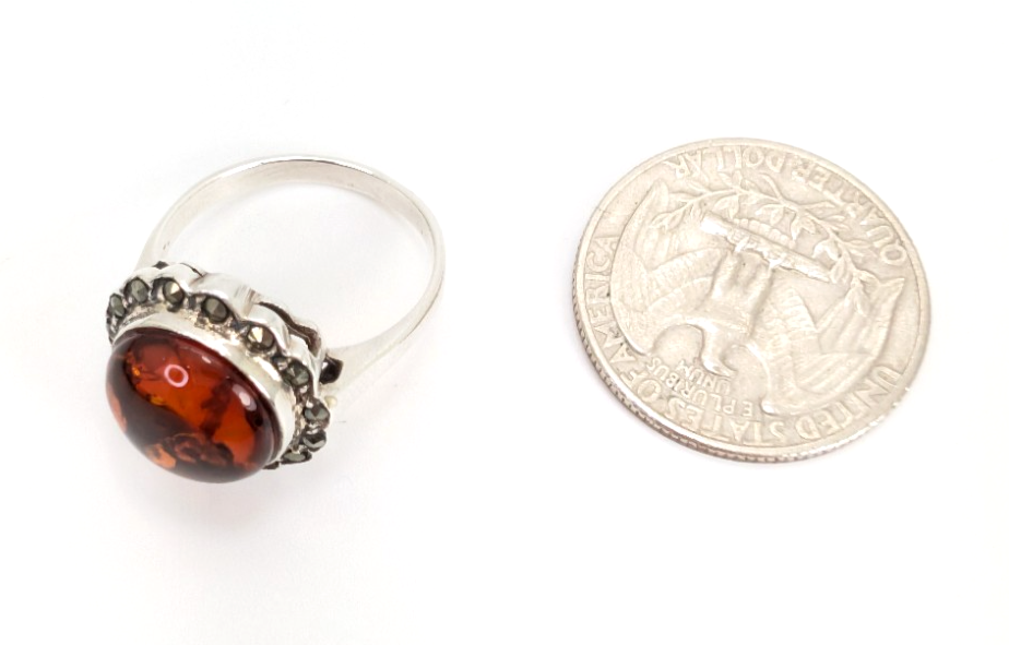 Sterling Silver 925 8.75 Ring Marcasite Framed Amber R359- FOX1080 - Image 15