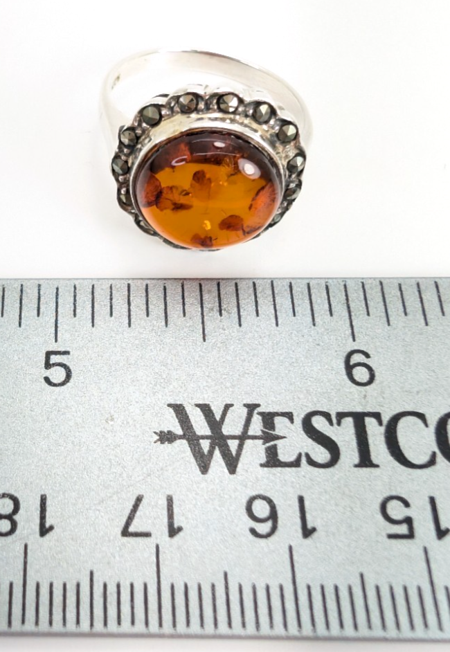 Sterling Silver 925 8.75 Ring Marcasite Framed Amber R359- FOX1080 - Image 16