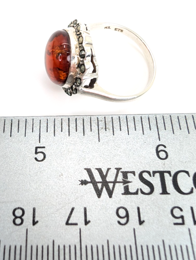 Sterling Silver 925 8.75 Ring Marcasite Framed Amber R359- FOX1080 - Image 17