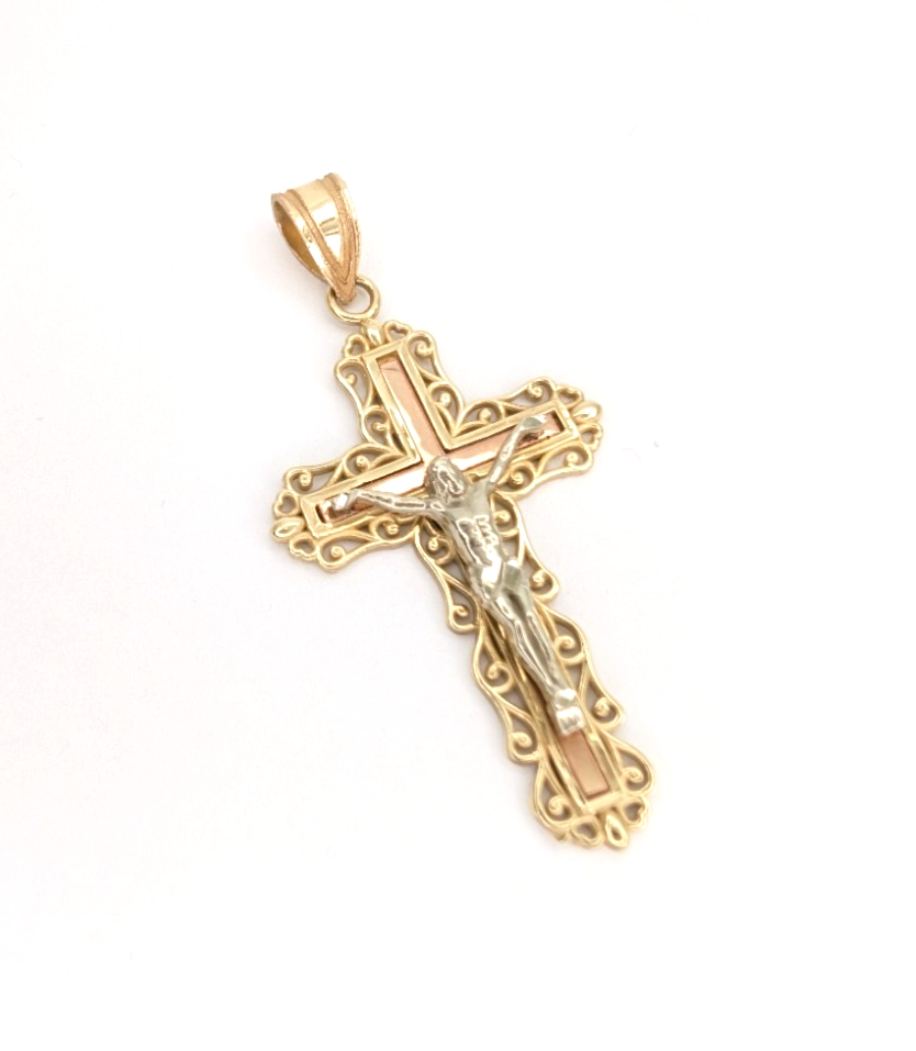 14K Gold Tri-Color Crucifix Cross Pendant FOX1551