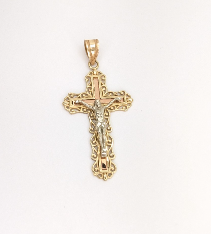 14K Gold Tri-Color Crucifix Cross Pendant FOX1551 - Image 2