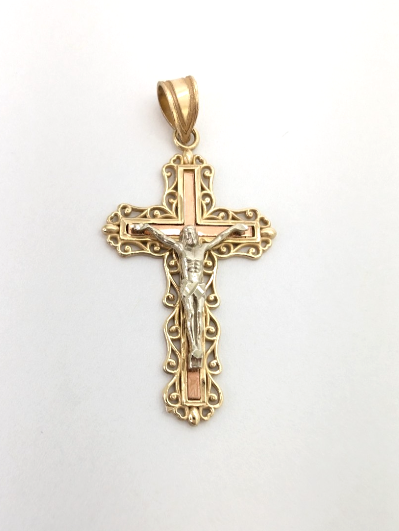 14K Gold Tri-Color Crucifix Cross Pendant FOX1551 - Image 4