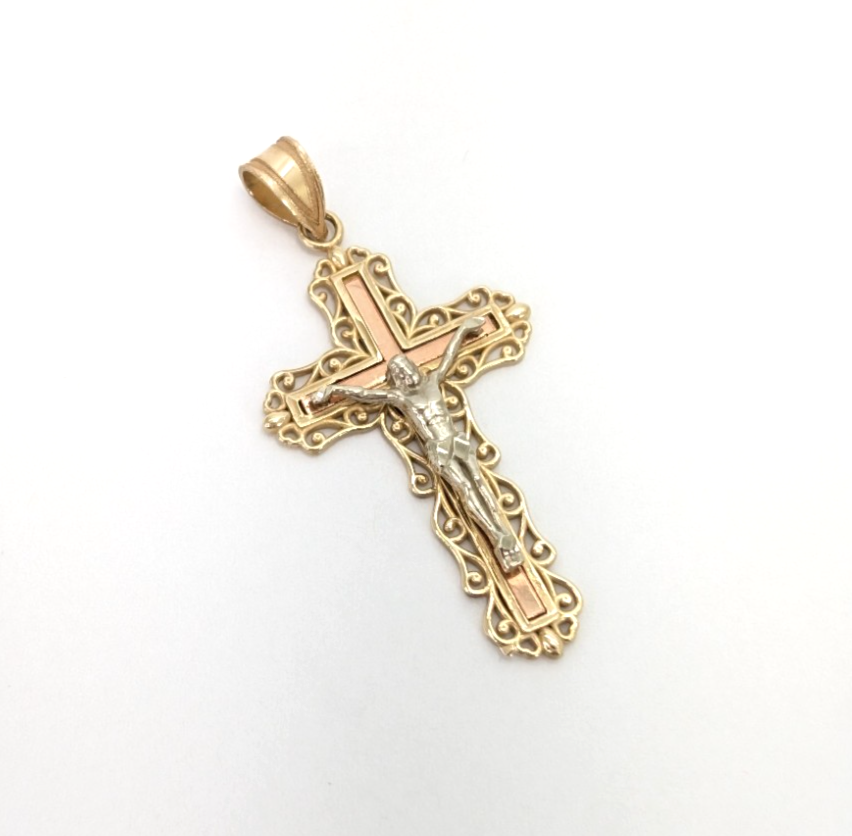 14K Gold Tri-Color Crucifix Cross Pendant FOX1551 - Image 5