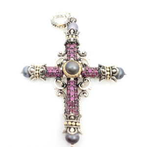 Sterling Silver 925  1 7/8"  Pendant B .Bixby Garnet Pearl Cross R686- FOX1622