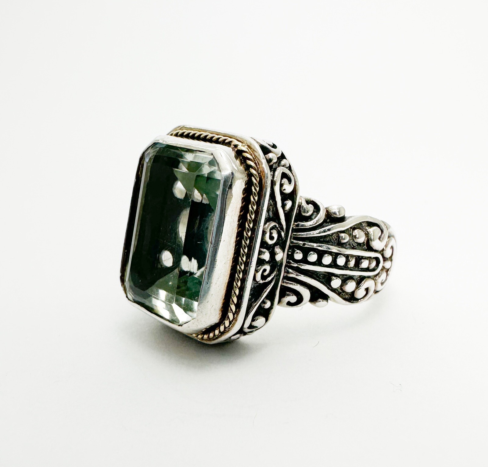 Sterling Silver 925 Green Prasiolite Emerald Cut 18K Halo Bali Style Ring 10400 - Image 4